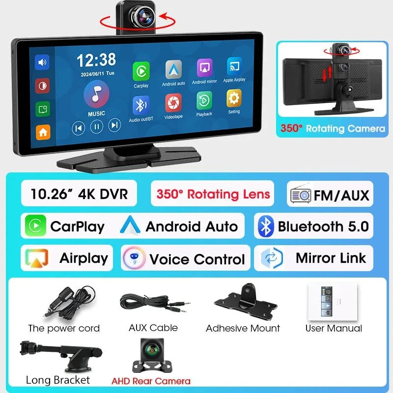 4K Dash Cam CarPlay Android Auto 350 Degree Rotating Lens GPS Bluetooth 7 Inch - stepyours.com