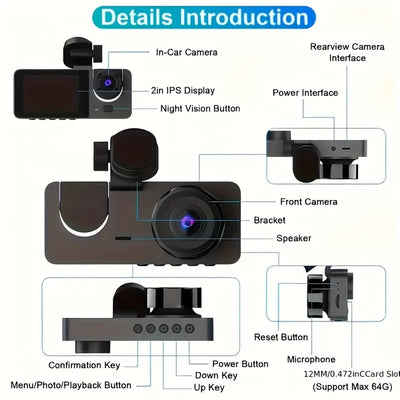 Triple Lens WiFi Dashcam Two Three Channel 1080P Night Vision Front And Rear - stepyours.com
