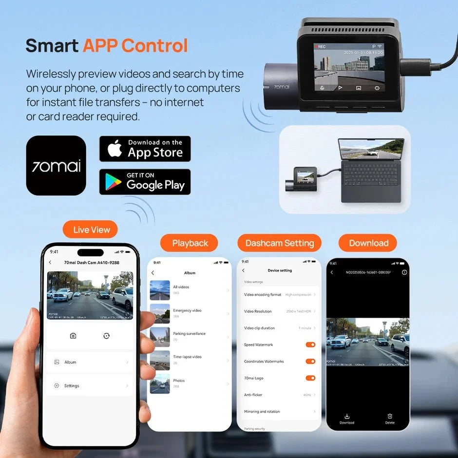 70mai Dash Cam A410 Front 1440P Rear 1080P Car DVR 256GB 24H Parking - stepyours.com