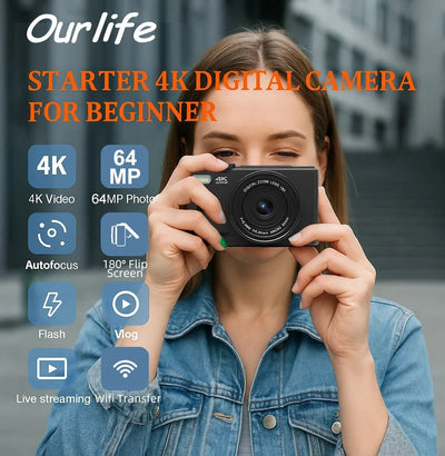 Ourlife AC600 4K Camera 64MP Autofocus 18x Zoom Flip Screen YouTube - stepyours.com