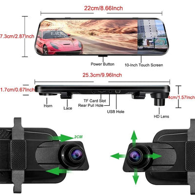 10 Inch 1080P Night Vision Car Dash Cam With Touch Screen And Rear View Mirror - stepyours.com