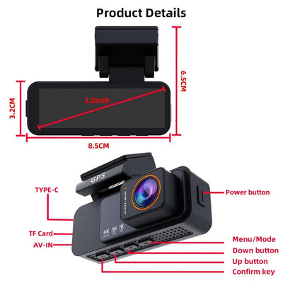 4K Dash Cam Car Camera With GPS WiFi Night Vision Dual Lens Rear View - stepyours.com