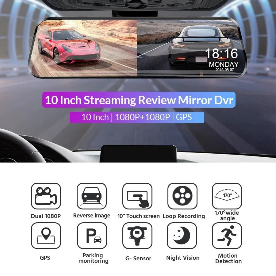 Acceo 10 Inch Car DVR Rearview Mirror Dual 1080P Touch Screen Night Vision - stepyours.com