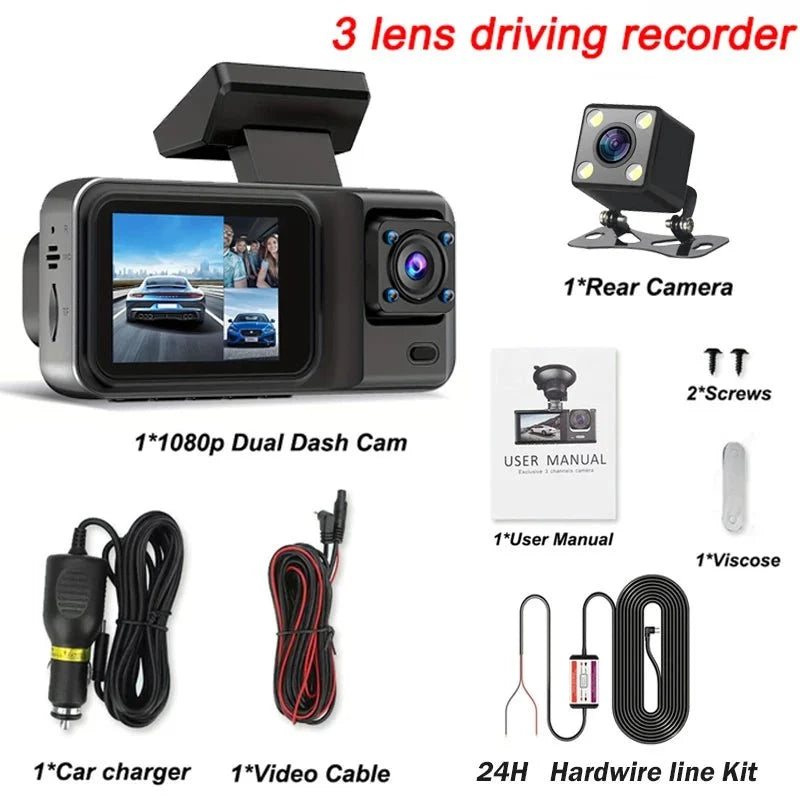 3 Channel Dash Cam for Cars 1080P Video Recorder Rear View Car DVR - stepyours.com
