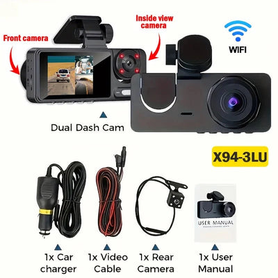 Triple Lens WiFi Dashcam Two Three Channel 1080P Night Vision Front And Rear - stepyours.com