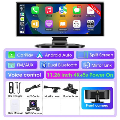 11.26 Inch 4K Dual Lens Dash Cam With Wireless CarPlay Android Auto GPS WiFi - stepyours.com