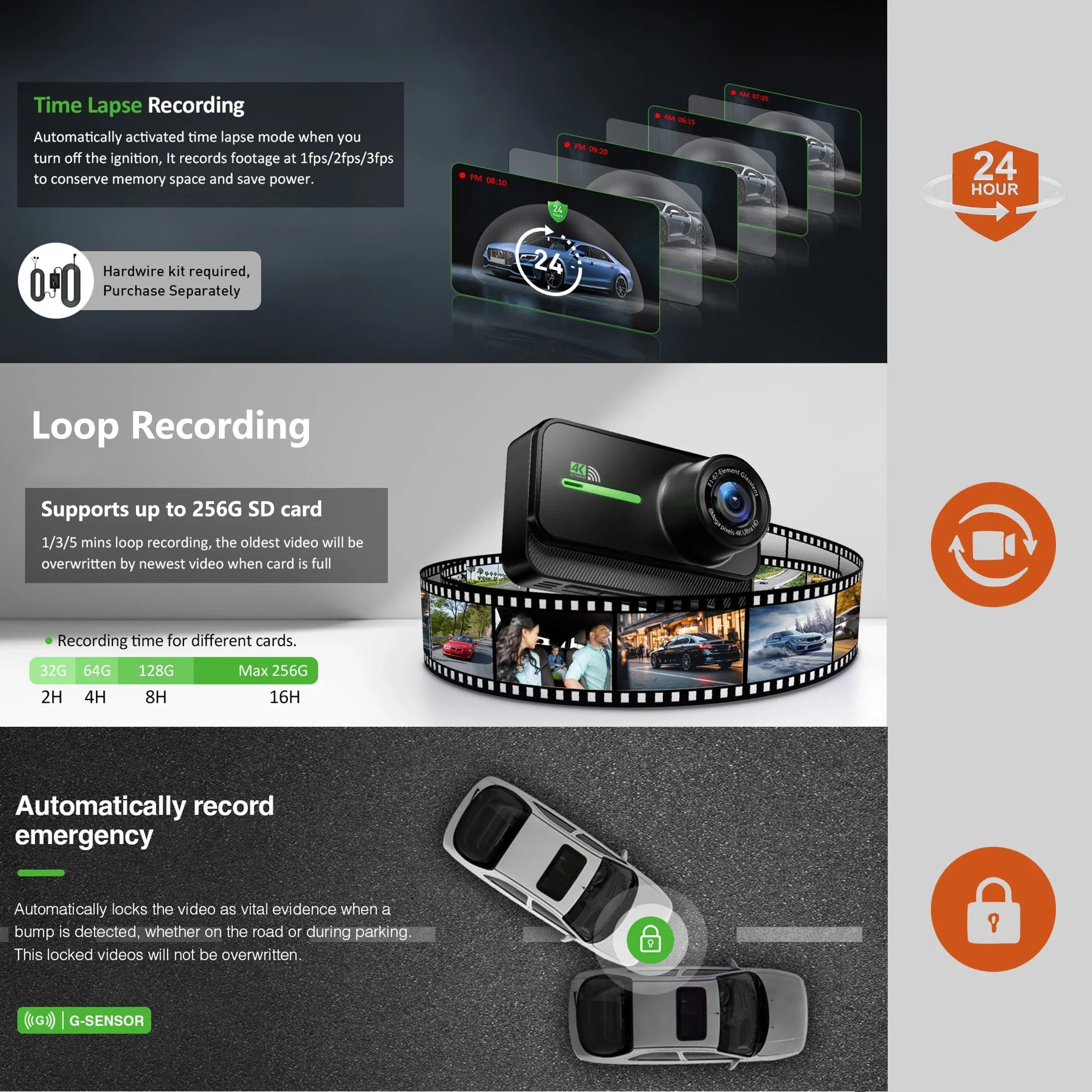 4K Dash Cam For Cars Front And Rear With WiFi Parking Mode Recorder - stepyours.com