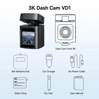 Baseus VD1 3K Dash Cam Front And Rear With GPS Supercapacitor 24H Parking - stepyours.com