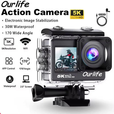 Ourlife 5K Action Camera 4K60FPS 2 Inch Touch Screen WiFi 30M Waterproof Bicycle - stepyours.com
