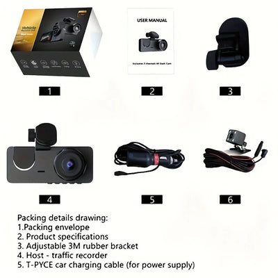 Triple Lens WiFi Dashcam Two Three Channel 1080P Night Vision Front And Rear - stepyours.com