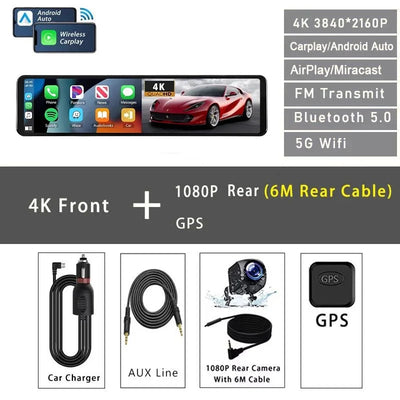 11.26 Inch 4K Dash Cam With CarPlay Android Auto Dual Lens WiFi GPS Bluetooth - stepyours.com