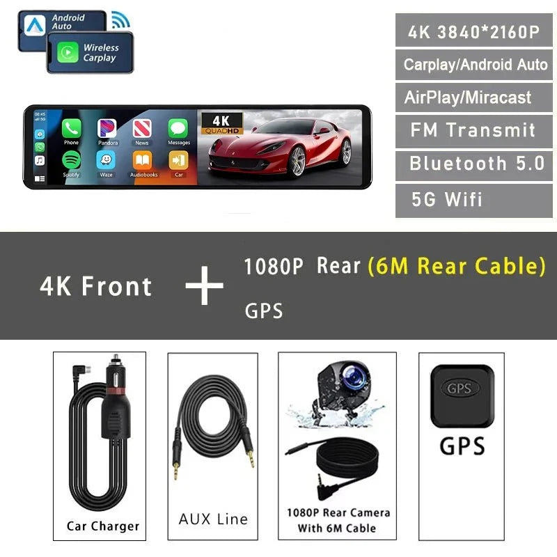 11.26 Inch 4K Dash Cam With CarPlay Android Auto Dual Lens WiFi GPS Bluetooth - stepyours.com