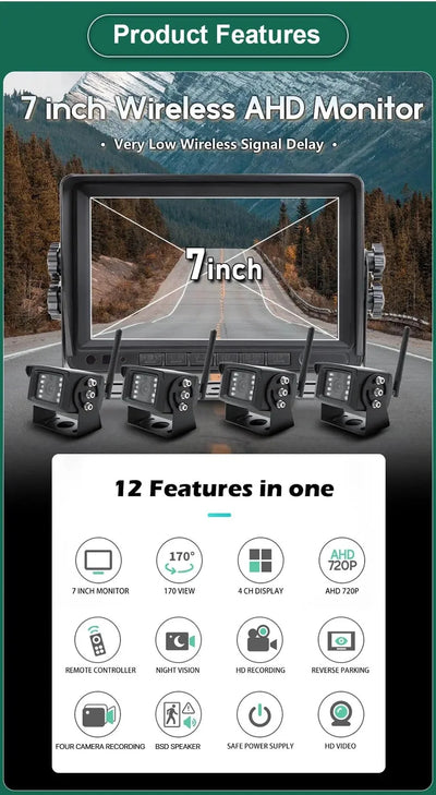 GreenYi 1280x720 HD AHD Wireless Truck DVR 7 Inch Night Vision Backup Camera - stepyours.com