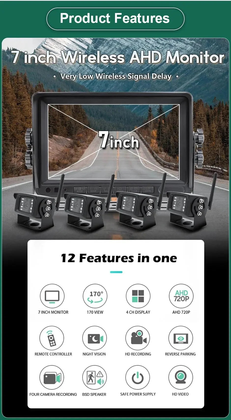 GreenYi 1280x720 HD AHD Wireless Truck DVR 7 Inch Night Vision Backup Camera - stepyours.com