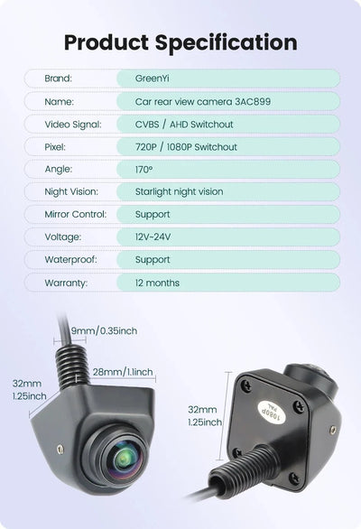 GreenYi 170 Degree AHD Car Rear View Camera Mini Fisheye 360 Degree Night Vision - stepyours.com