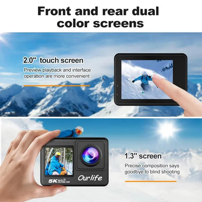 Ourlife 5K Action Camera 4K60FPS 2 Inch Touch Screen WiFi 30M Waterproof Bicycle - stepyours.com