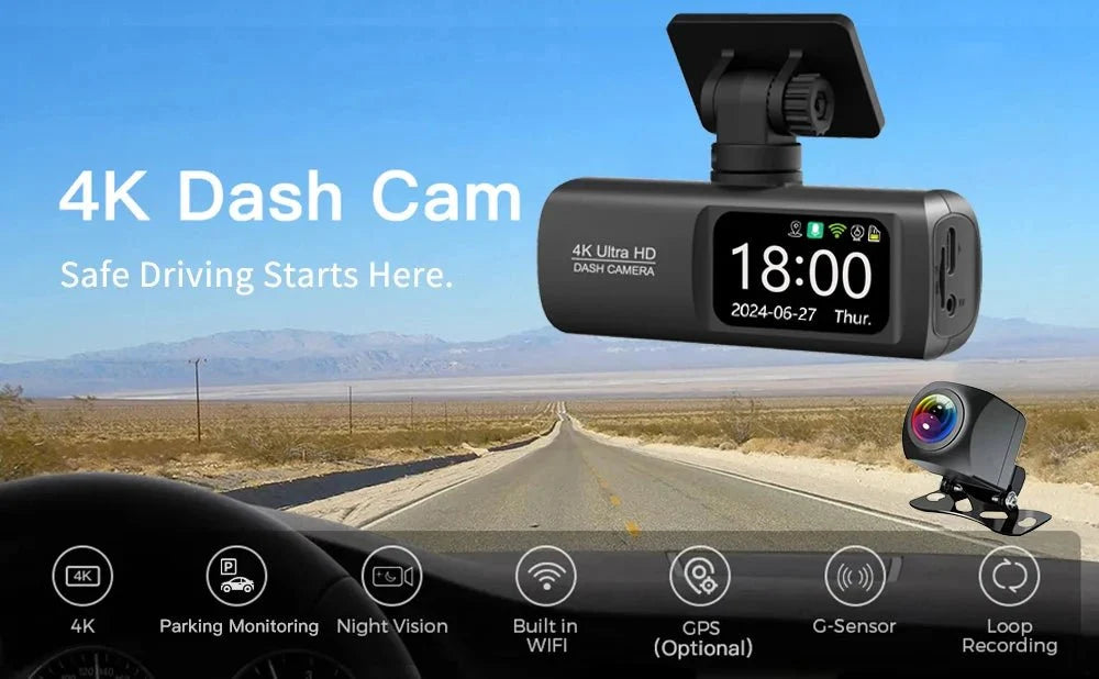 Kocam UHD 4K Dash Cam Dual Lens Front And Rear WiFi GPS 24H Parking Monitor - stepyours.com