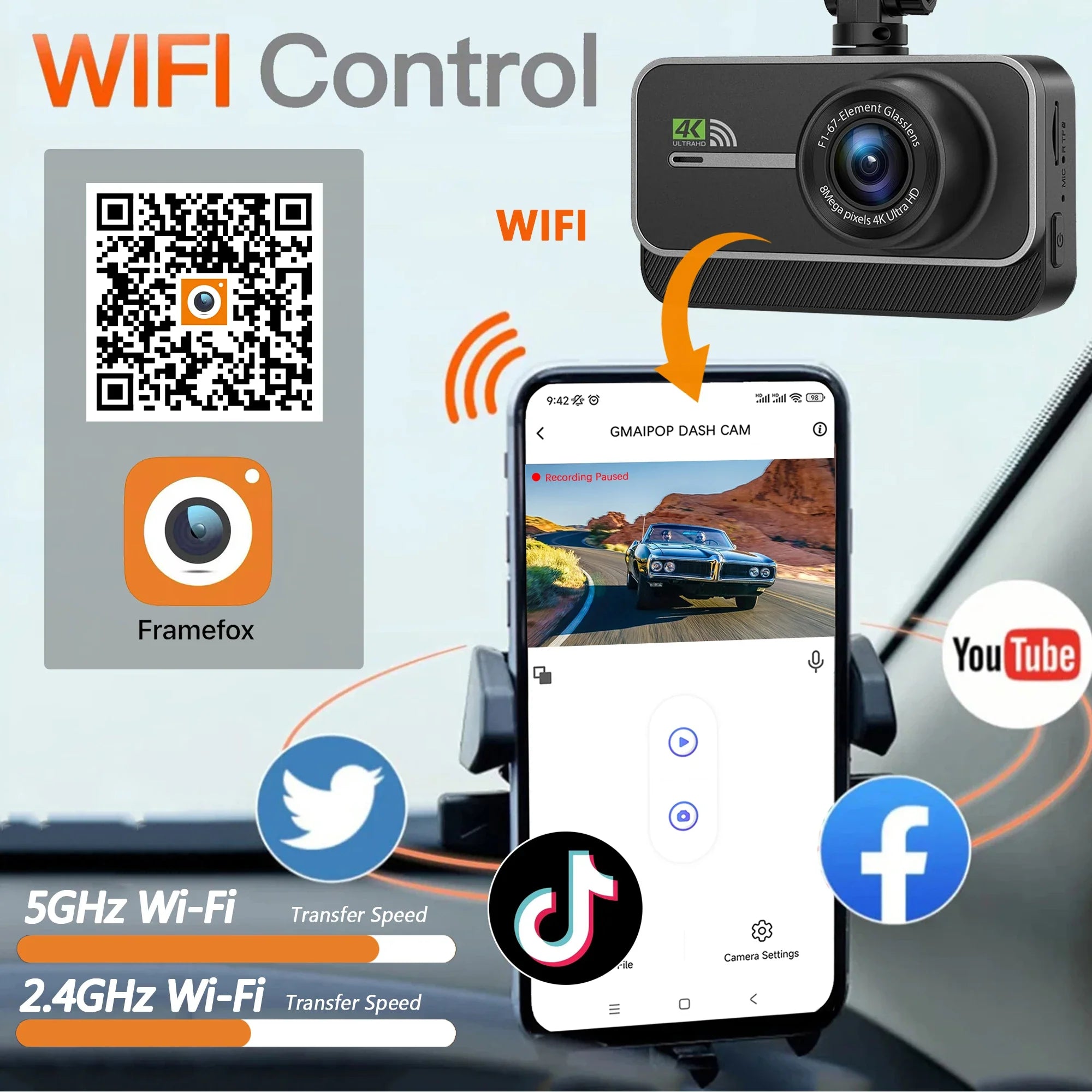4K Dash Cam For Cars Front And Rear With WiFi Parking Mode Recorder - stepyours.com