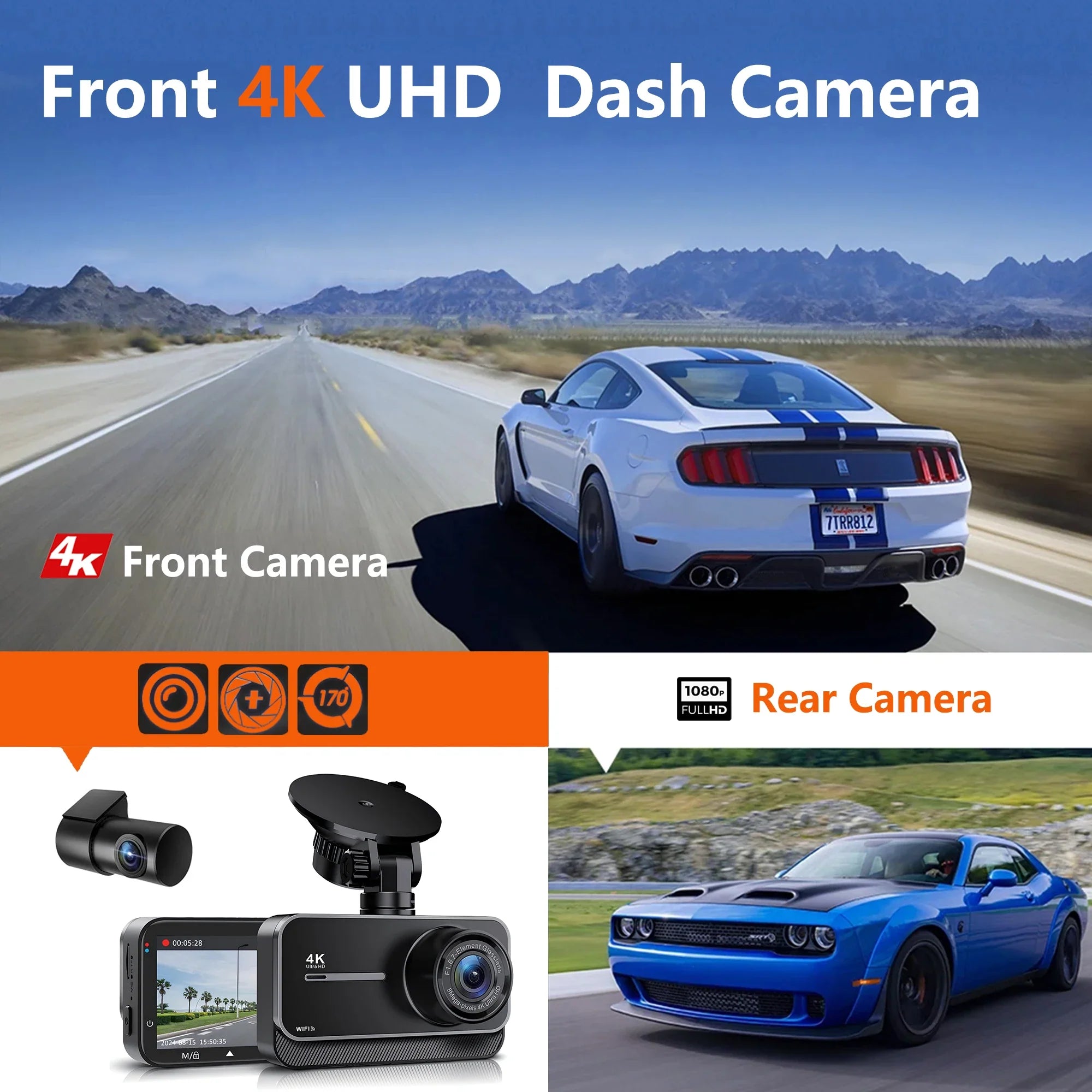 4K Dash Cam For Cars Front And Rear With WiFi Parking Mode Recorder - stepyours.com