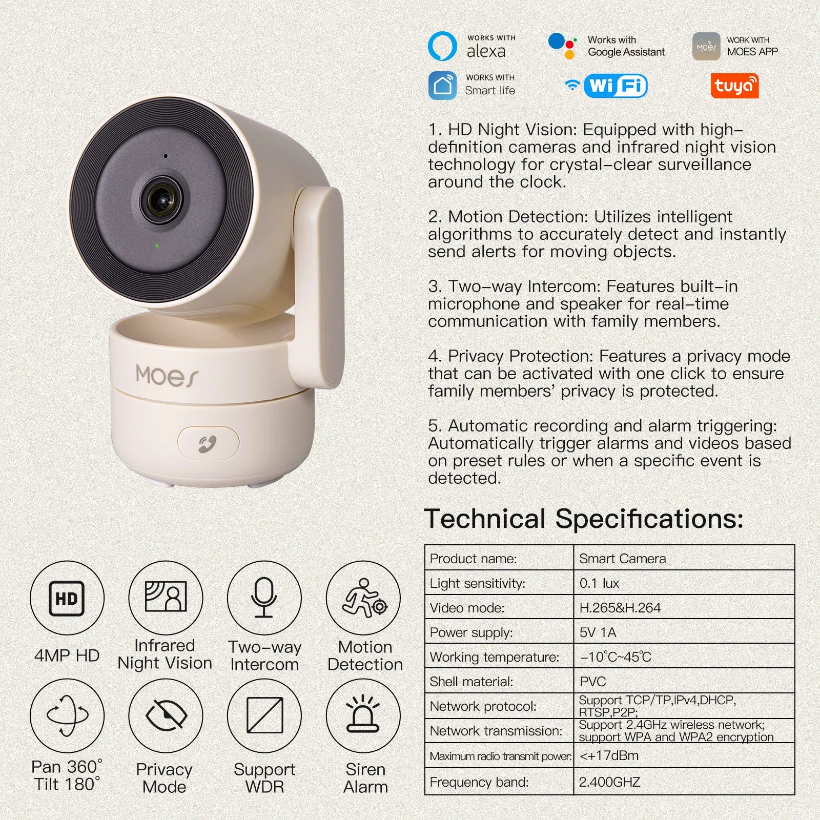 MOES Tuya WiFi Indoor Pan/Tilt Camera - 4MP HD Night Vision And Motion Alerts by stepyours.com