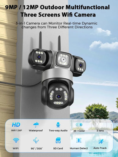 12MP Outdoor WiFi PTZ Camera With 6K HD Triple Lens Waterproof - stepyours.com