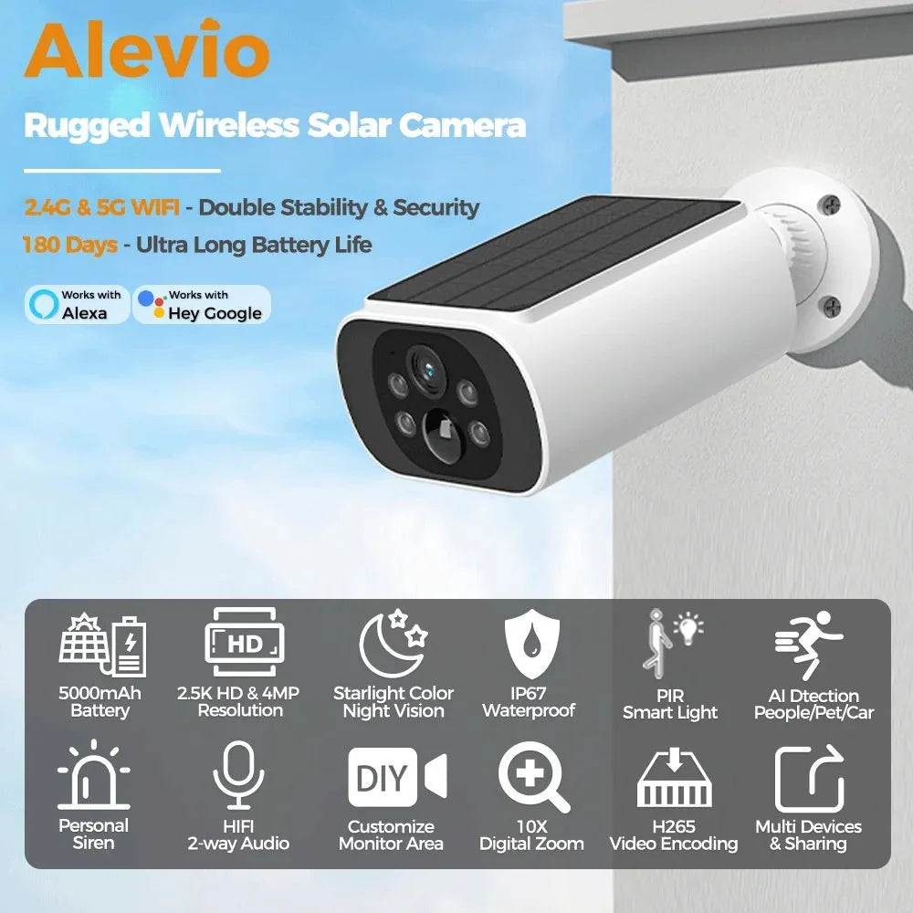 Alevio 2.5K Outdoor Solar Camera Wireless AI Security With Night Vision Hooks - stepyours.com