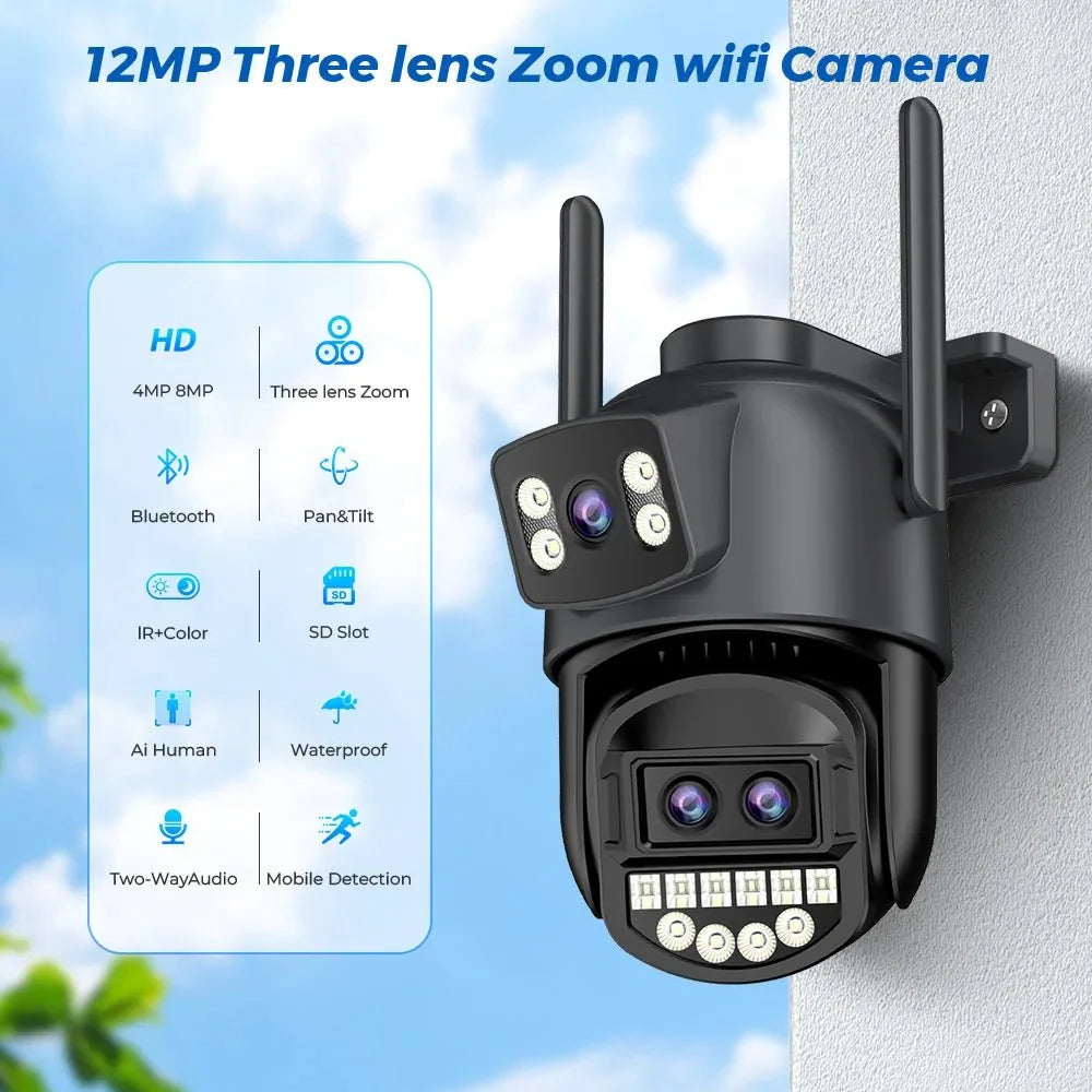 Outdoor WiFi PTZ Camera 8x Optical Zoom Three Lens Dual Screen CCTV IP - stepyours.com