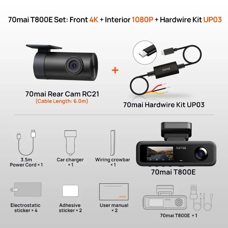 70mai T800e 3 Channel Dash Cam 4K Front 1080p Rear And Interior HDR GPS WiFi 6 - stepyours.com