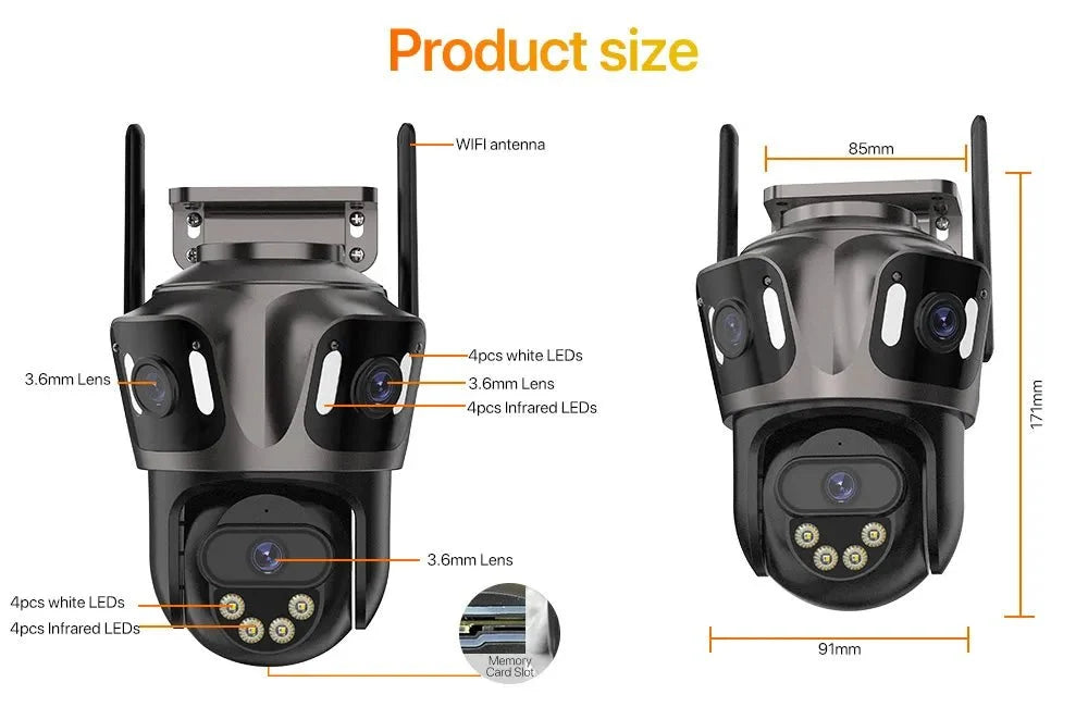 Three Screen WiFi IP Camera - 4K Dual Lens PTZ With AI Detection IP66 Waterproof - stepyours.com