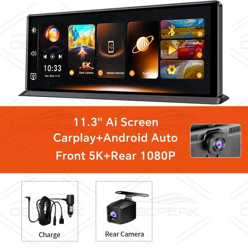 K8 Pro 11.3 Inch Dash Cam Dual Lens 5K GPS 5G WiFi Ultimate CarPlay Android Auto - stepyours.com