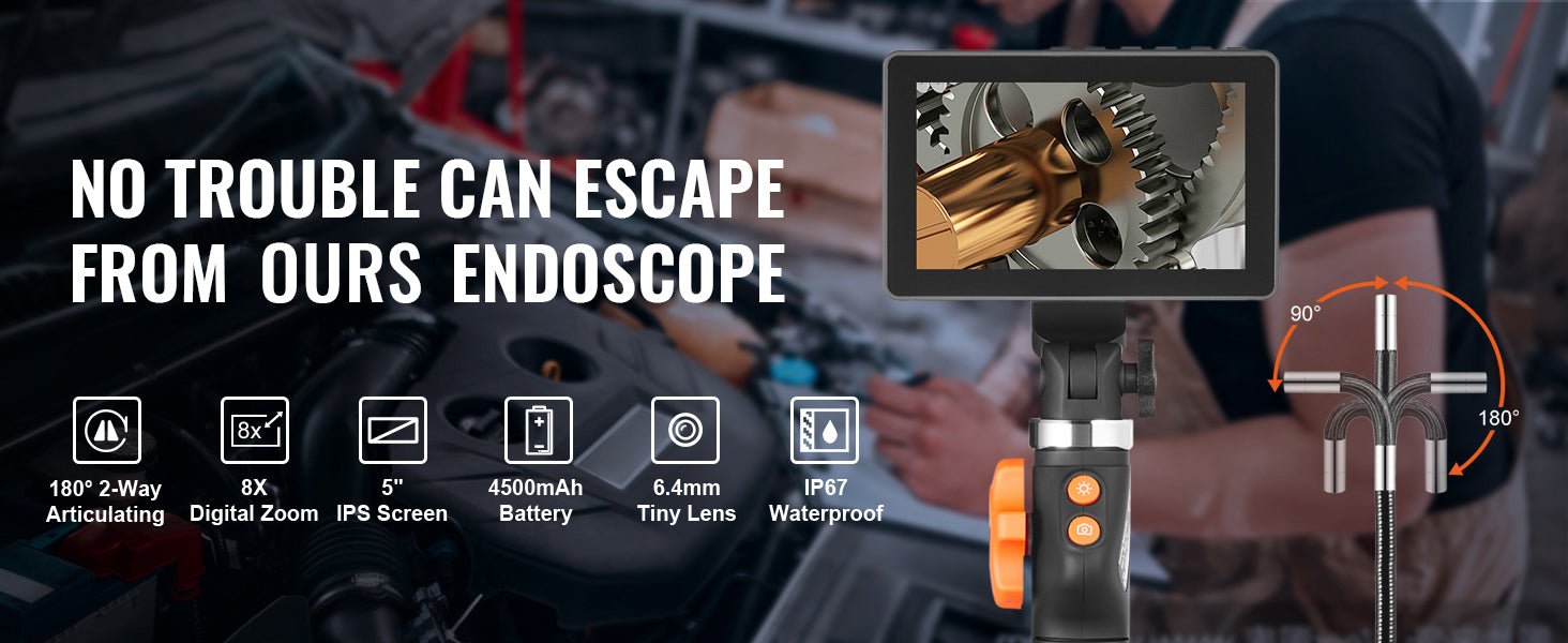 SucceBuy Articulating Borescope Camera With Light 5 Inch 1080P Display Hooks - stepyours.com